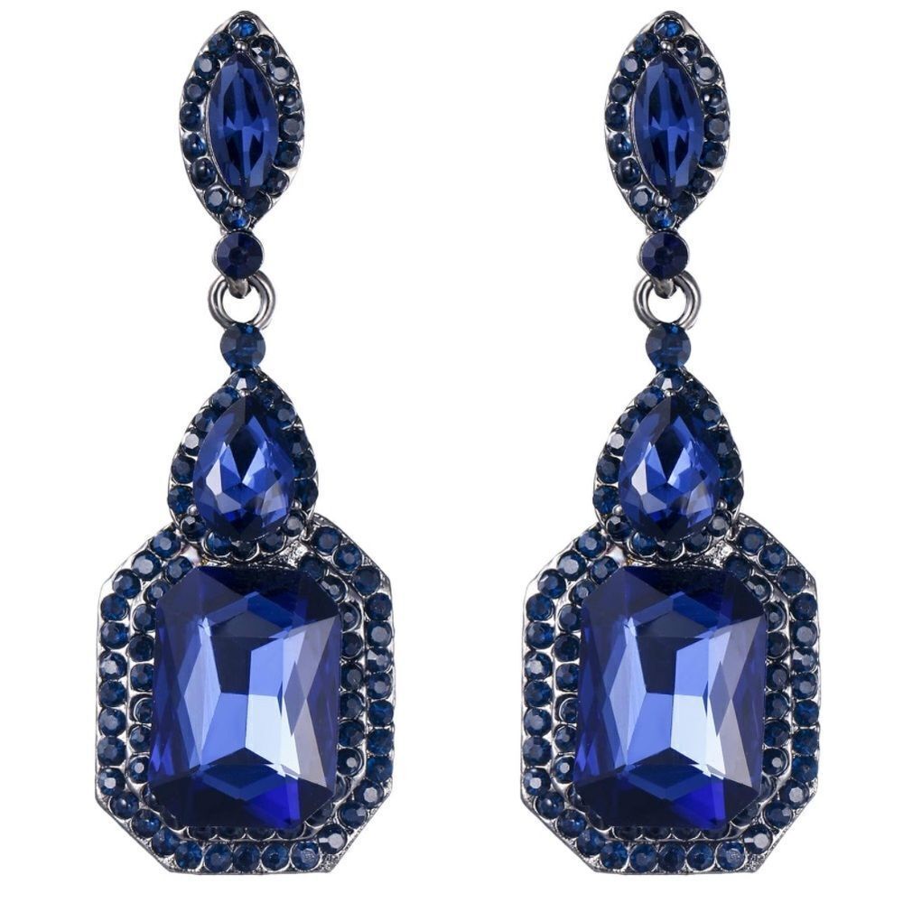 Gun Metal with Sapphire Blue Austrian Crystal Infinity Chandelier Post Earrings